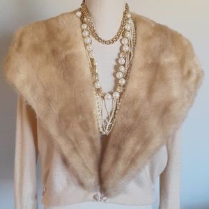 DALTON Vtg 50-60s Beige Virgin Cashmere Cardigan w/Mink Fur Collar!